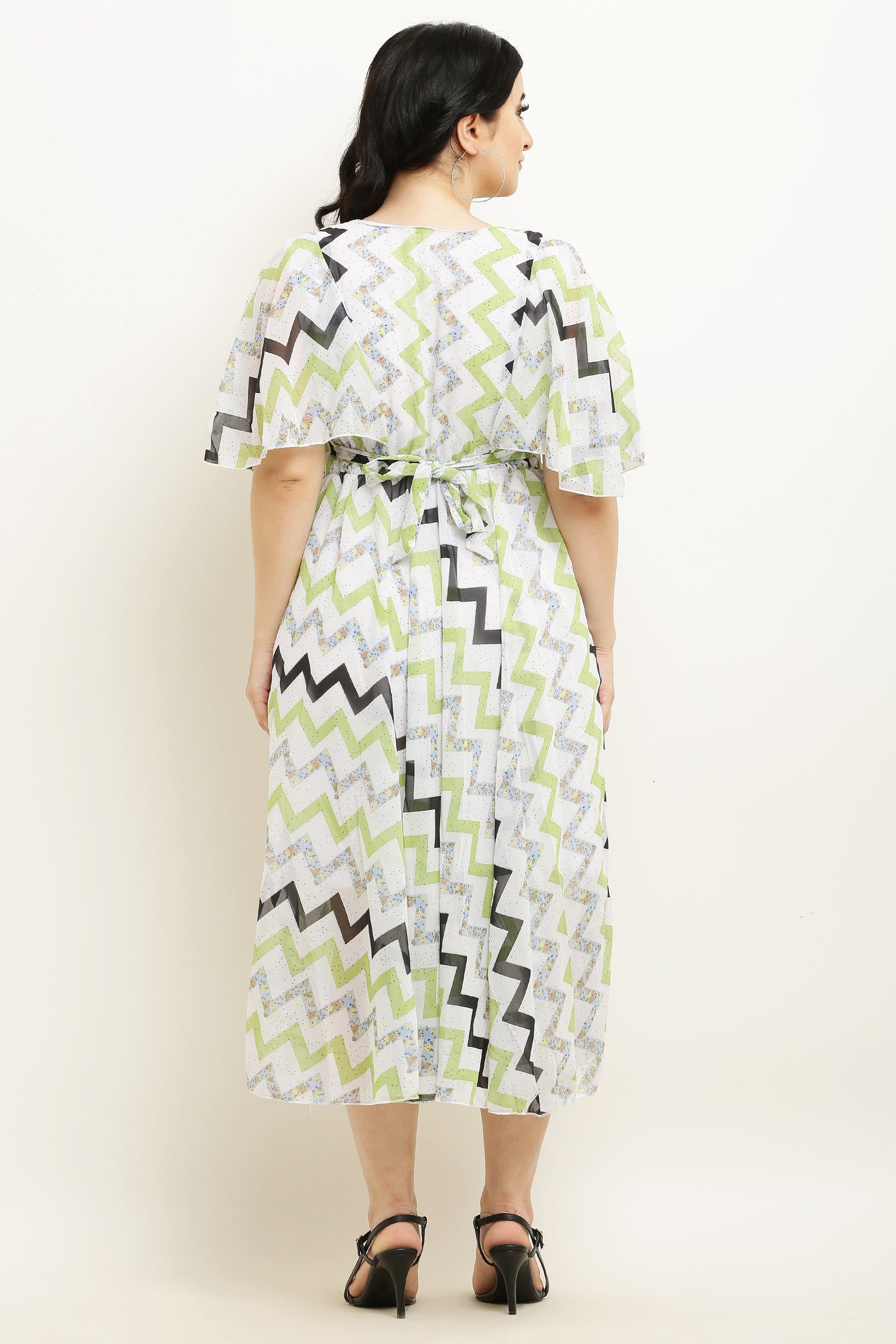 PAVONINE Zig-Zag Printed Georgette Fabric Light Green Dress For Women