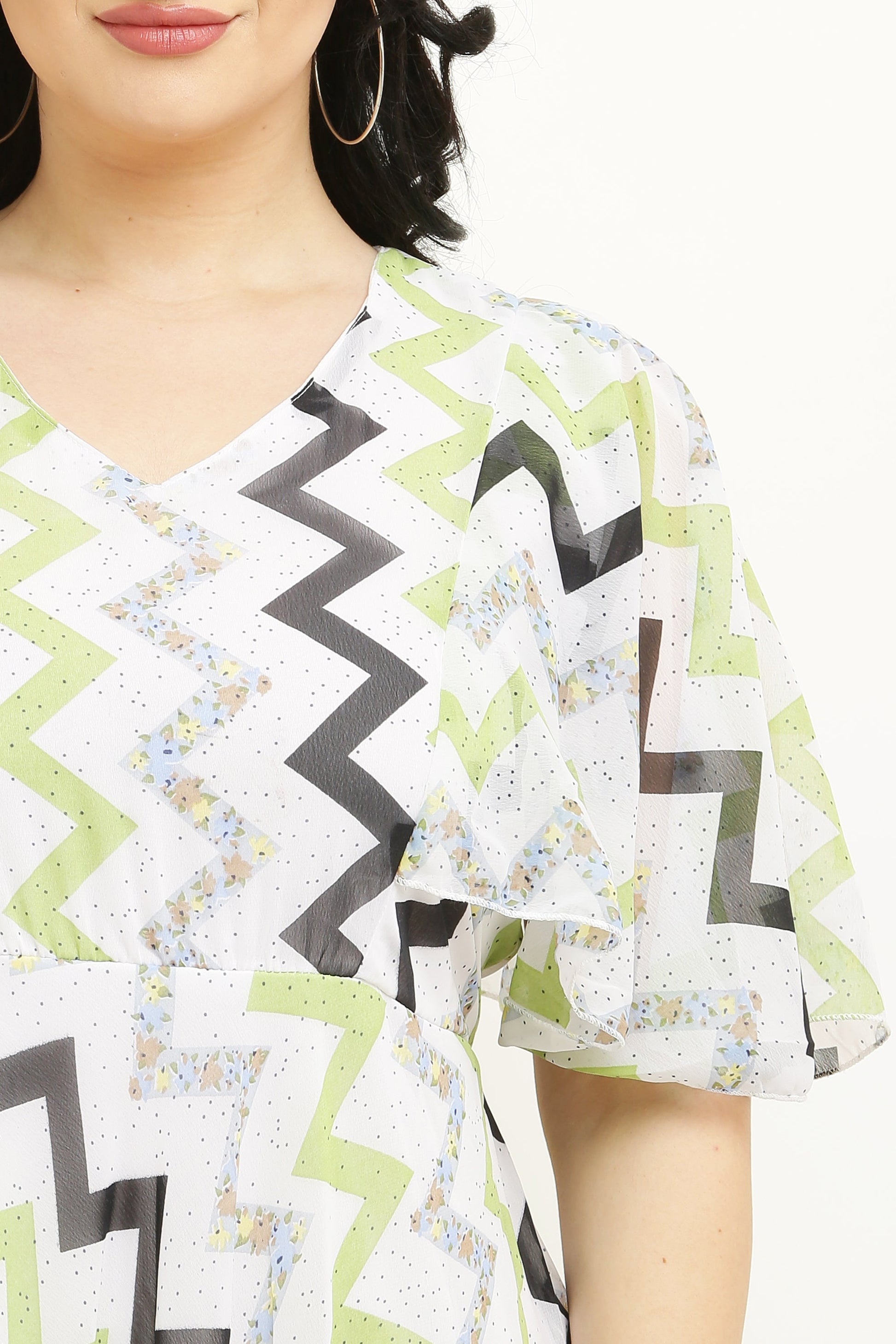 PAVONINE Zig-Zag Printed Georgette Fabric Light Green Dress For Women