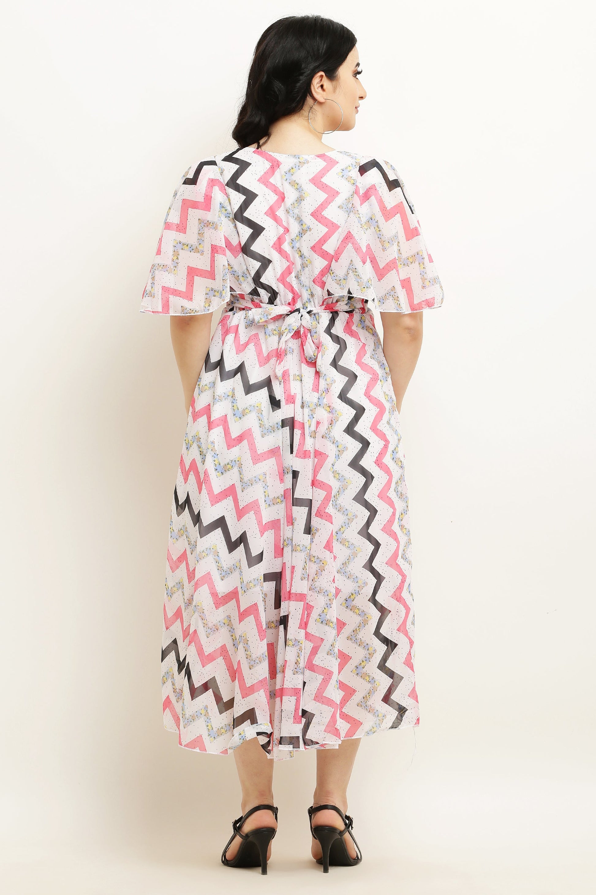 PAVONINE Zig-Zag Printed Georgette Fabric Peach Dress For Women