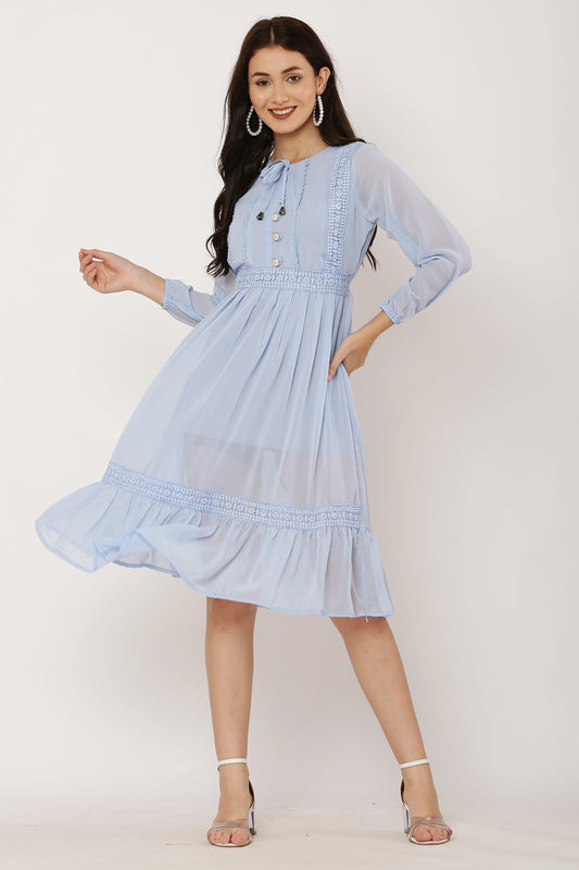 PAVONINE Sky Blue Color Georgette Fabric Lace Inserts Dress For Girls