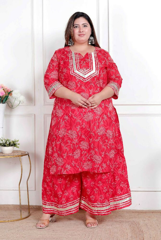 Miravan Plus Size Women'S Red Cotton Gota Work Kurta With Palazzo