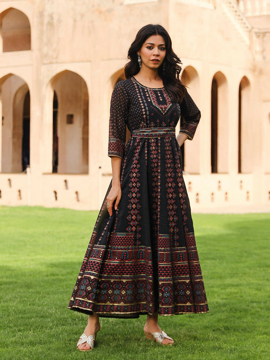 Juniper Women's The Mahautsavam Black Ethnic Motif Printed Georgette Dress With Sequins & Beads