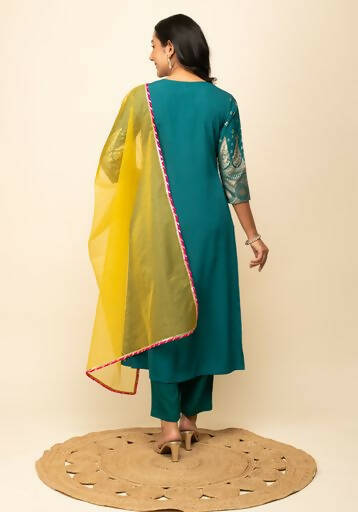 FIORRA Women's Teal Blue Crepe A-Line Kurta Pant with Dupatta 