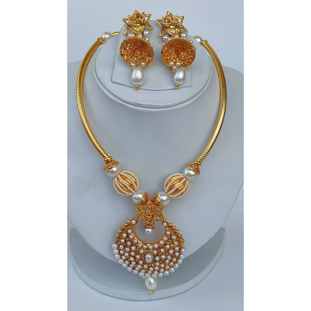White Kemp Ganesh Temple Neckalce Set - Grab2buy
