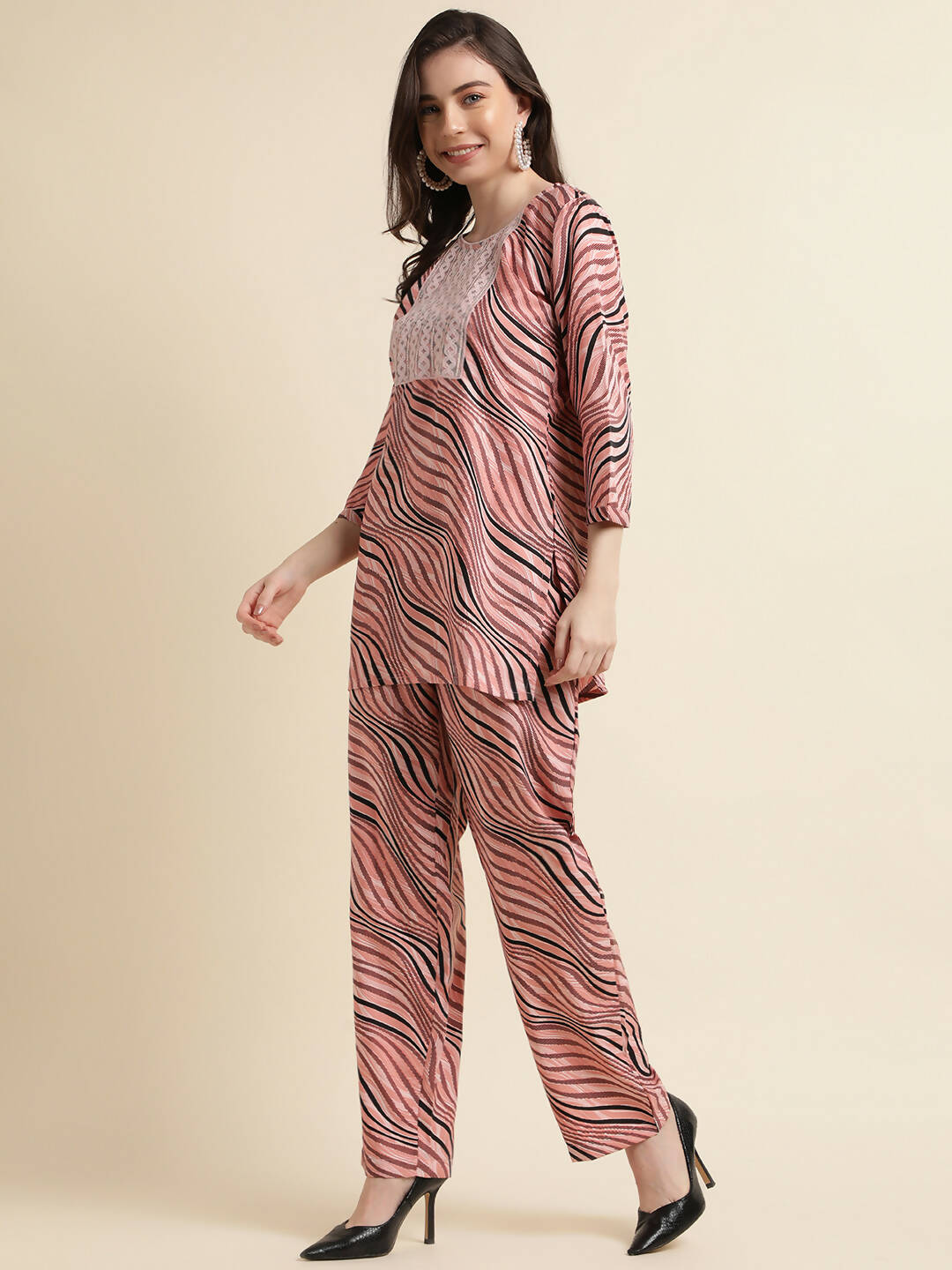 Peach Poly Crepe Digital Printed Top with Matching Bottom - Preeti
