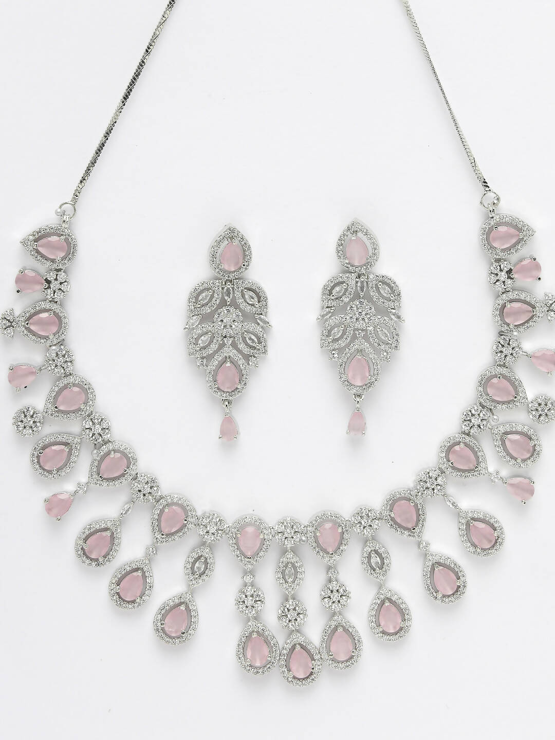 NVR Women Silver Plated & Pink Cz Stone Handcrafted Jewellery Set - Grab2buy