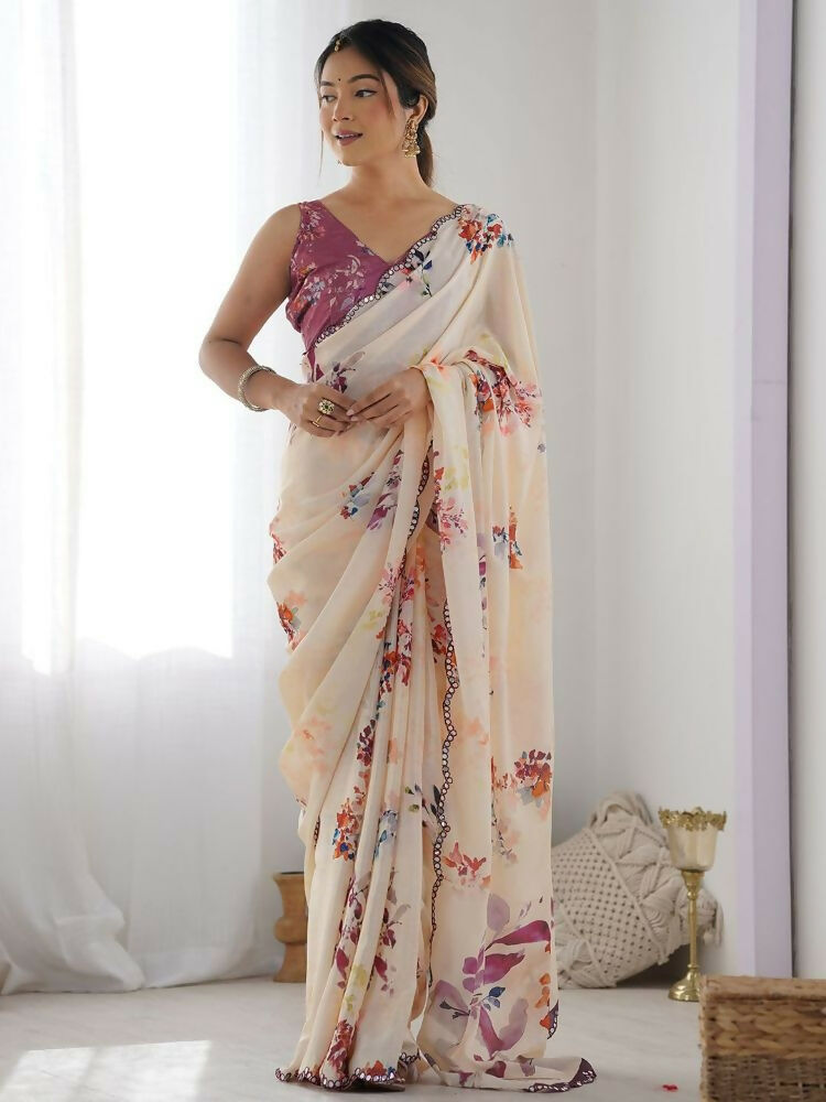 PR Fashion Cream Georgette Digital Print With Mirror Work Saree