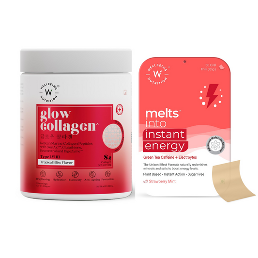 Wellbeing Nutrition Glow Korean Marine Collagen Peptides & Melts Instant Energy Oral Strips Combo  Grab2Buy Wellbeing Nutrition Grab2Buy