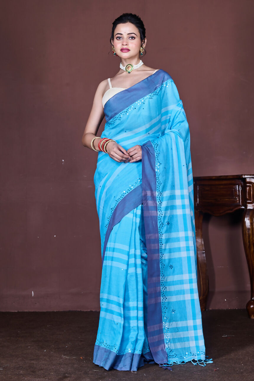 Morchari Blue Cotton Handloom Mirror Work Saree Unstitched Blouse