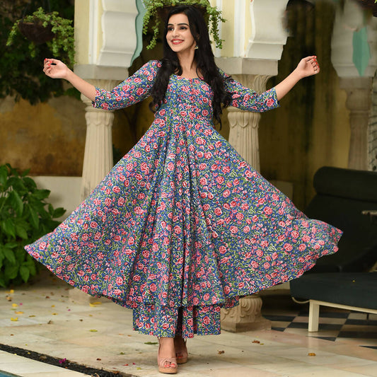 PartyWear Designer Blue and Pink Pure Maslin Palazzo Suit - Anbazaar