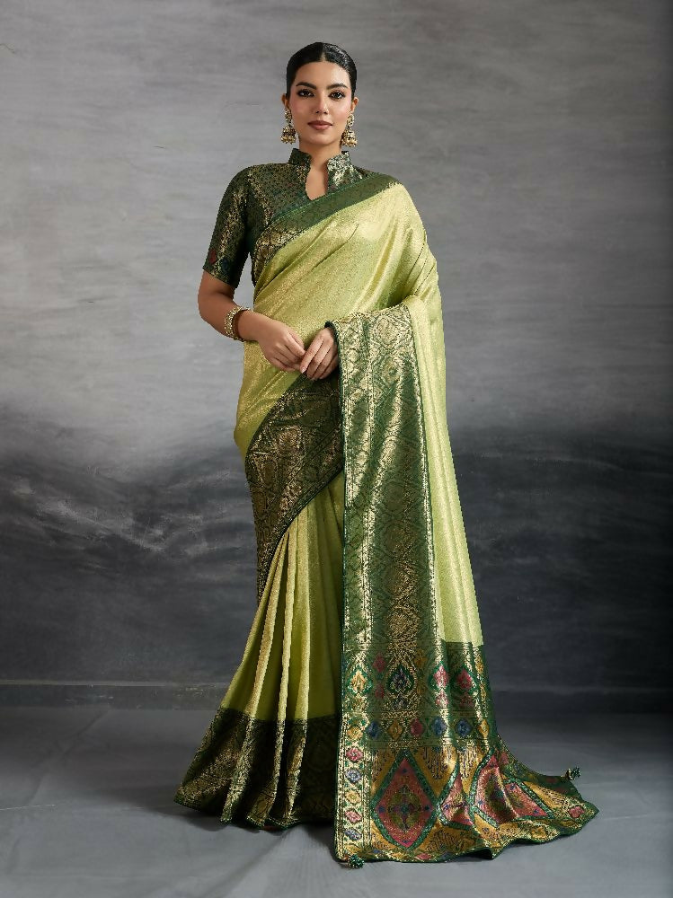 PR Fashion Green Kanjivaram Soft Silk Kadiyal Pattern Double Zari Woven Patta, Meenakari Woven Pallu Saree