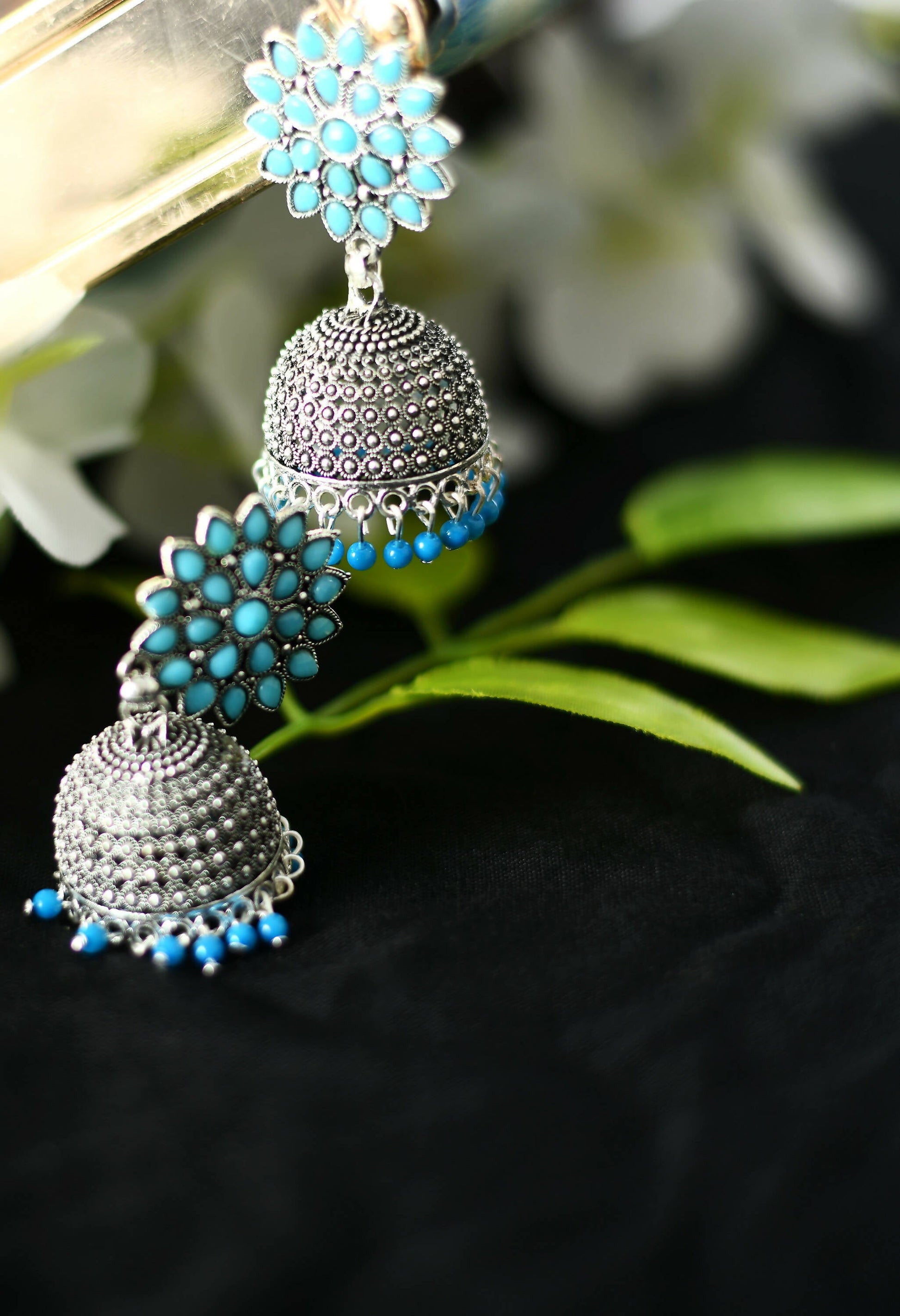 Mominos Fashion Joharkamal Kundan work Jhumka with Sky Blue Beads - Grab2buy