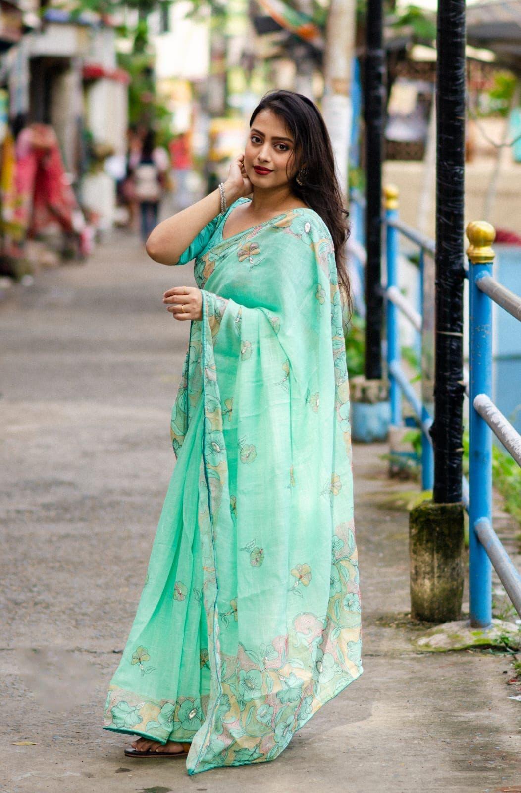 Seagreen Pure Linen Ethnic Motifs Saree with Unstitched Blouse - A2M