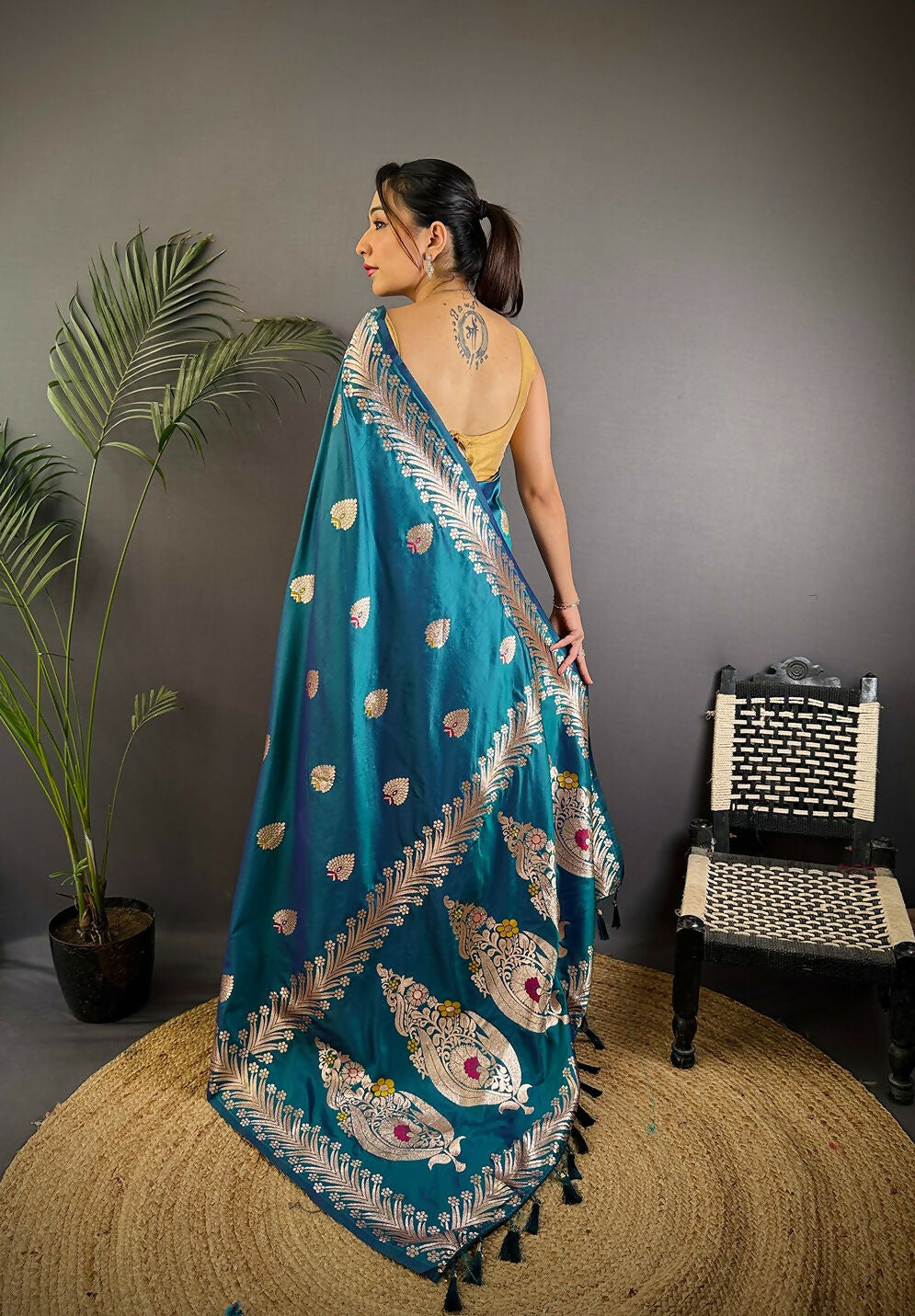 Joban Fashion Banarasi Sea Blue Woven Soft Silk Saree | Swadesiicart