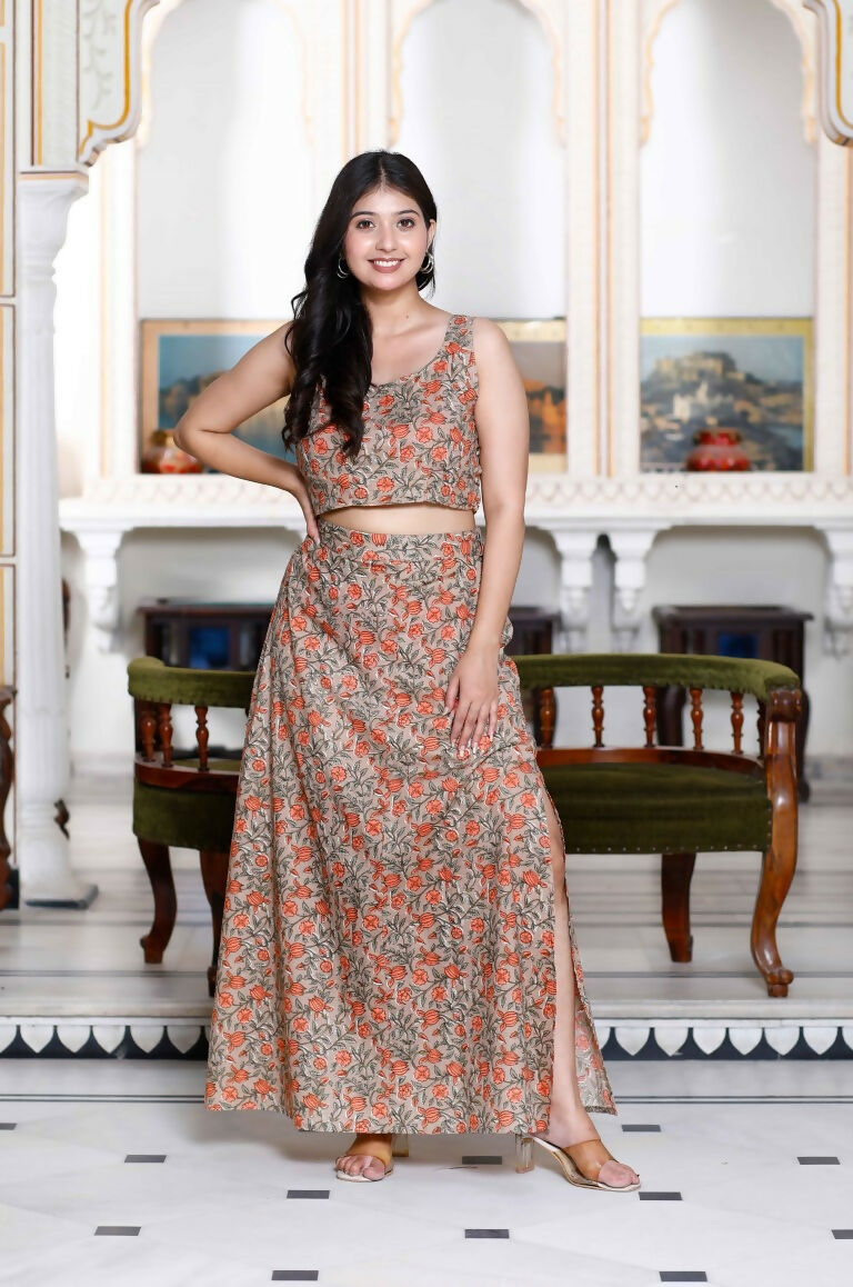 Miravan Women's Brown Floral Printed Crop Top And Skirt Co-Ord Set 