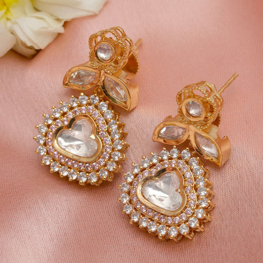 Kundan and Diamond with Pink Stones Dangler Earrings (Gold) - Ruby Raang - Grab2buy