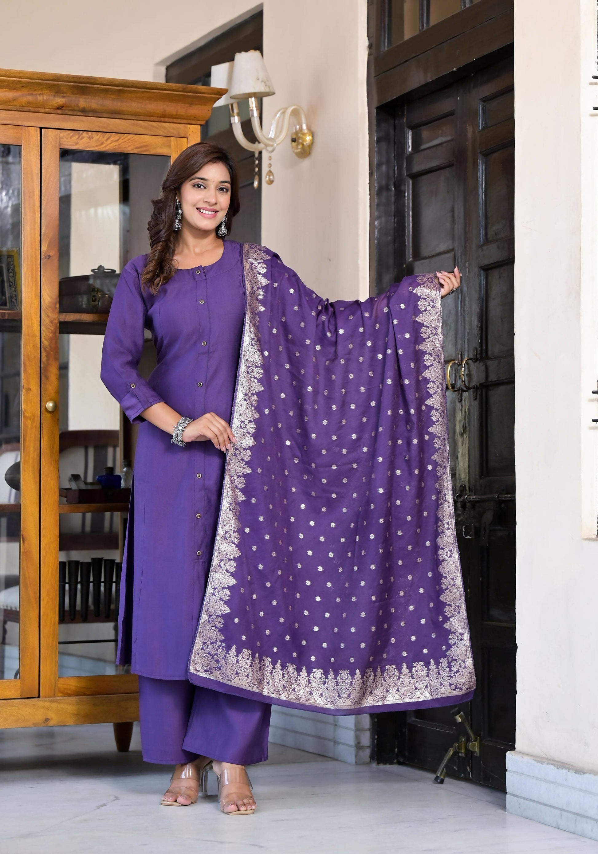 Juniper Women's Purple Zari Embroidered Cotton Kurta Set With Button Closure