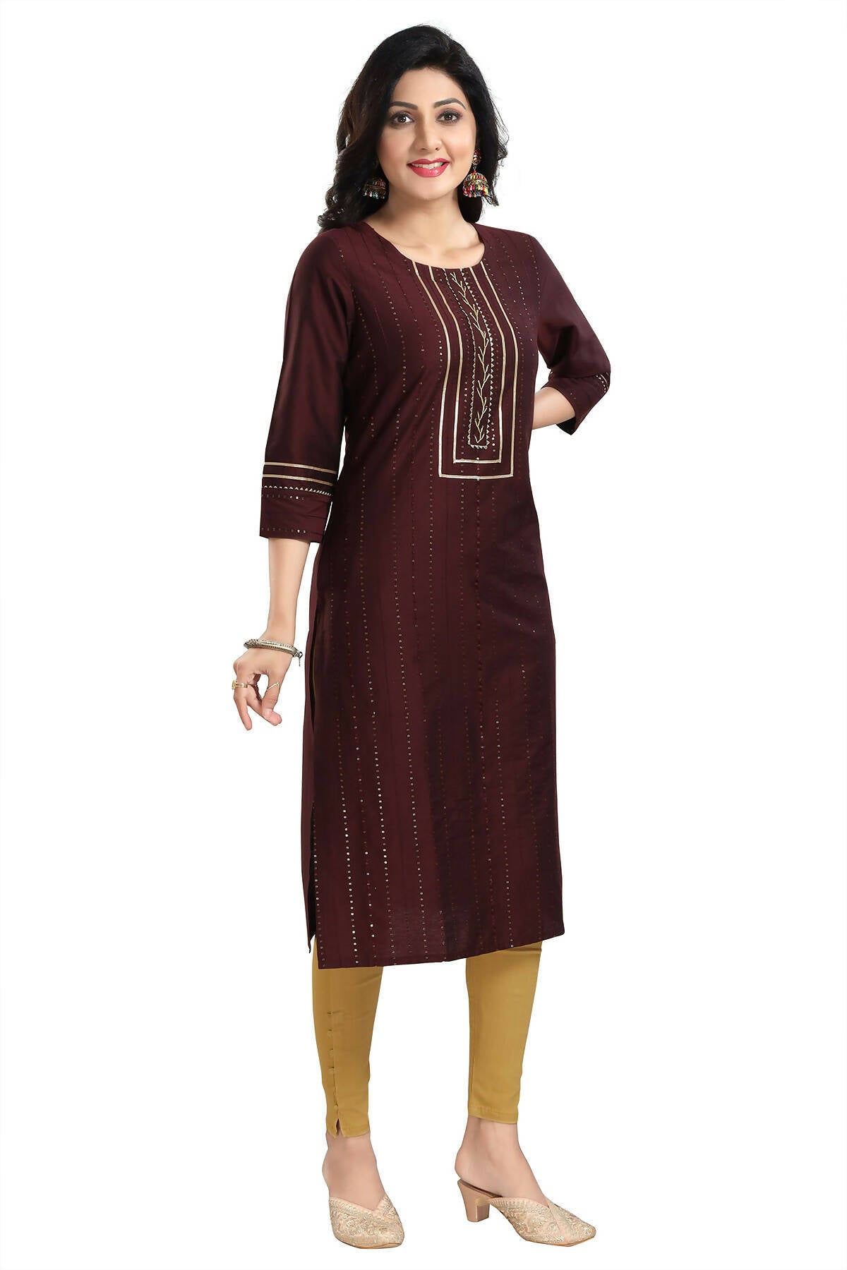 Snehal Creations Beautiful Brown Cotton Silk Designer Long Kurti Tunic With Sequines Embroidery
