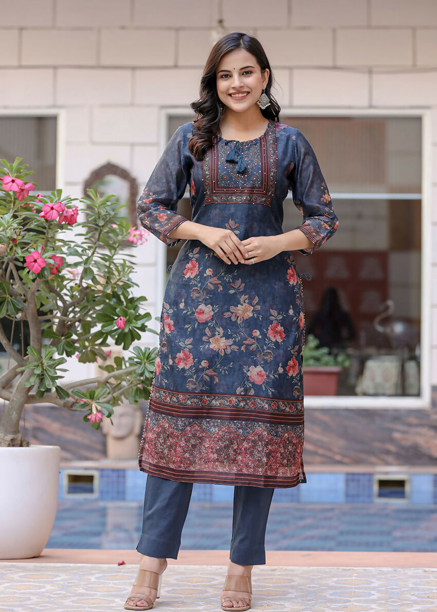 Kaajh Women's Navy Blue Digital Print Flora Chanderi Kurta Pant Set With Dupatta