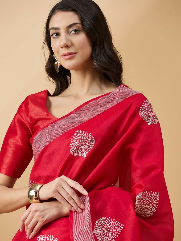 Red Cotton Blend Thread Embroidered Saree with Unstitched Blouse - Satya