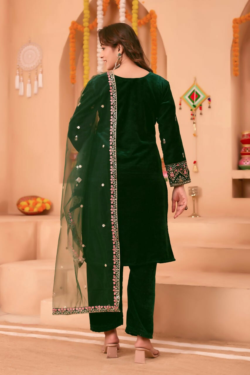 Joban Fashion Green Velvet Embroidery Sequence Work Readymade Kurta Set