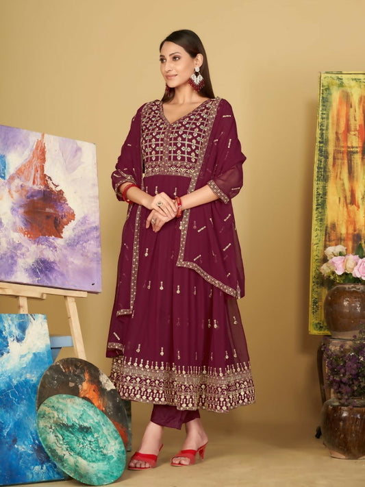 Jyoti Fashion Women's Rani Pink Georgette Embroidered Anarkali Kurta Pant Set With Dupatta