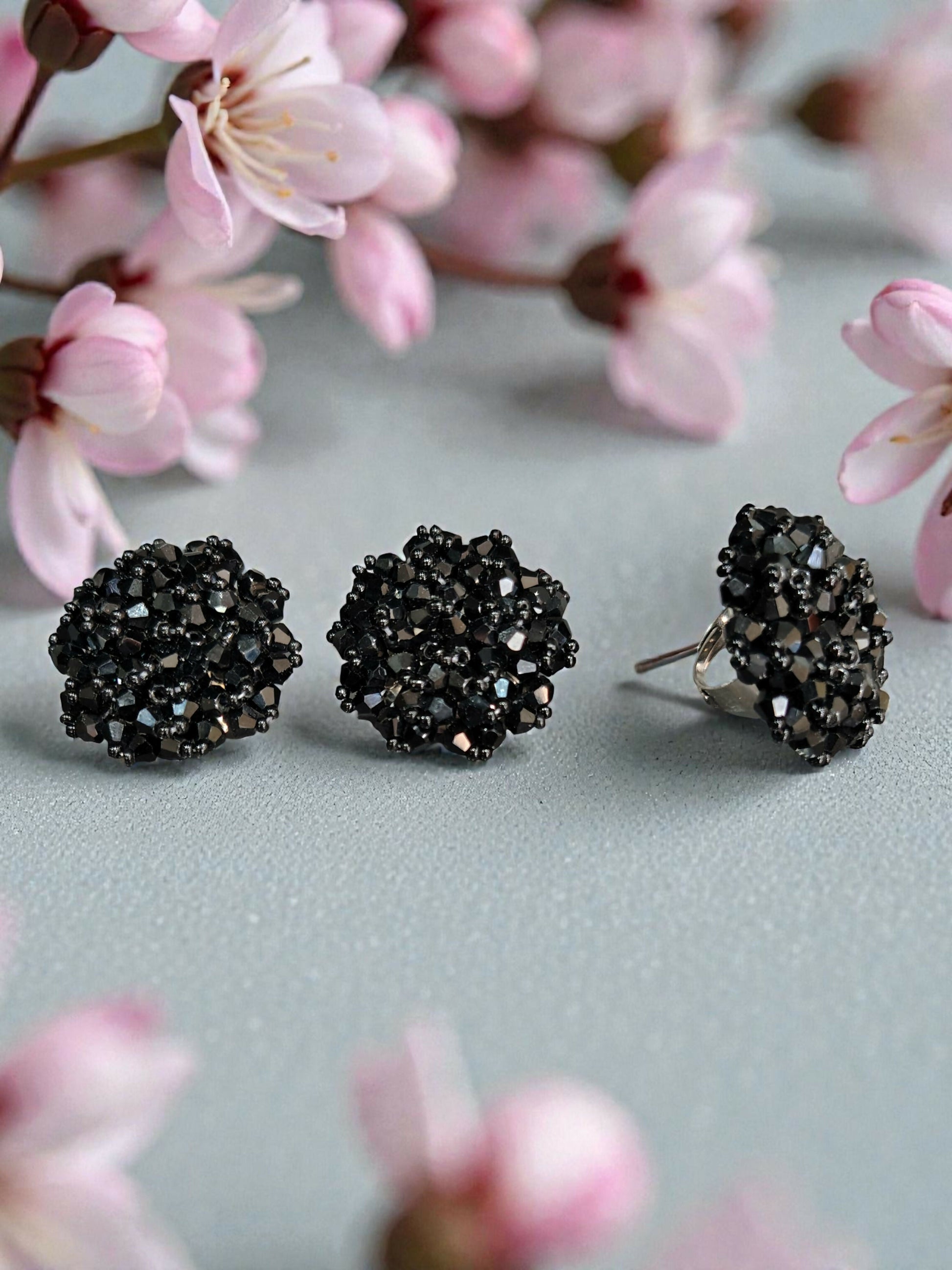 Inhanns Rangmani Crystal Duo – Adjustable Ring + Statement Earrings Set - Black