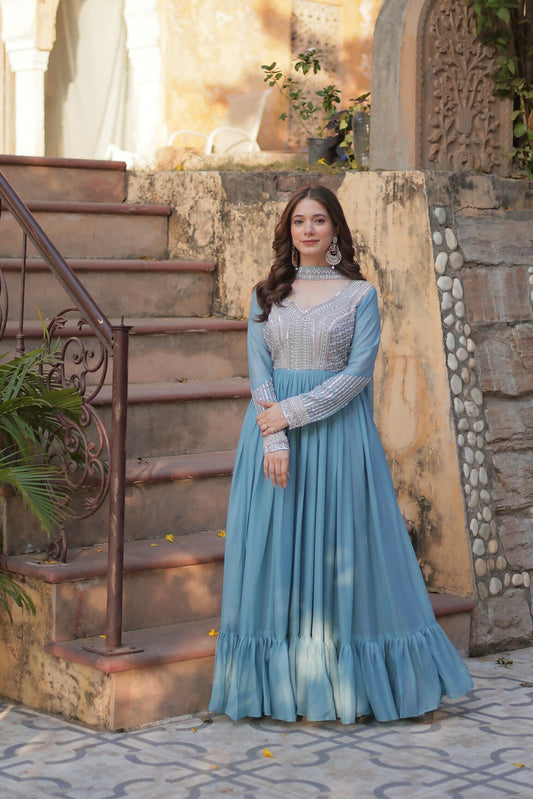 Joban Fashion Sky Blue Georgette Sequence Embroidery Work Kurta Set