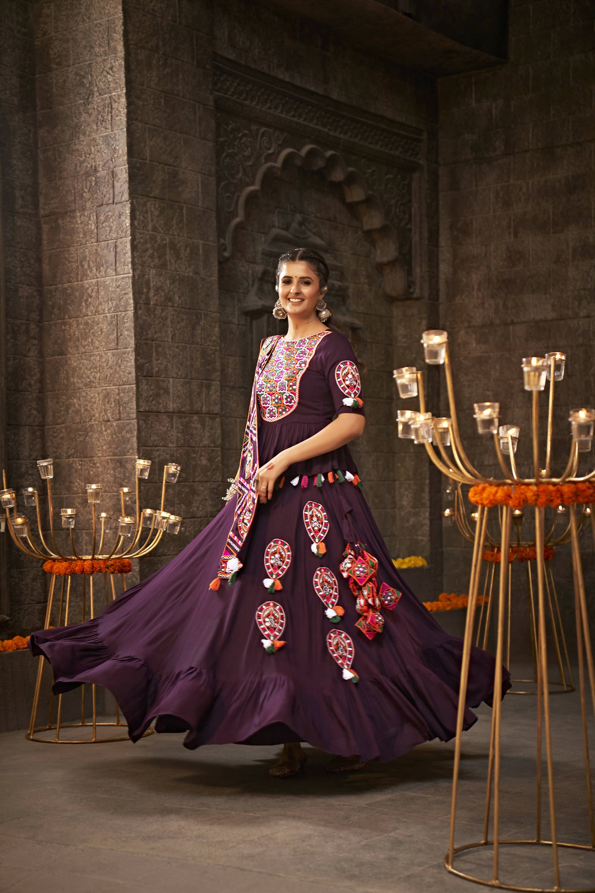 Purple Viscose Rayon Thread Embroidered Navratri Lehenga Choli with Dupatta - Raas