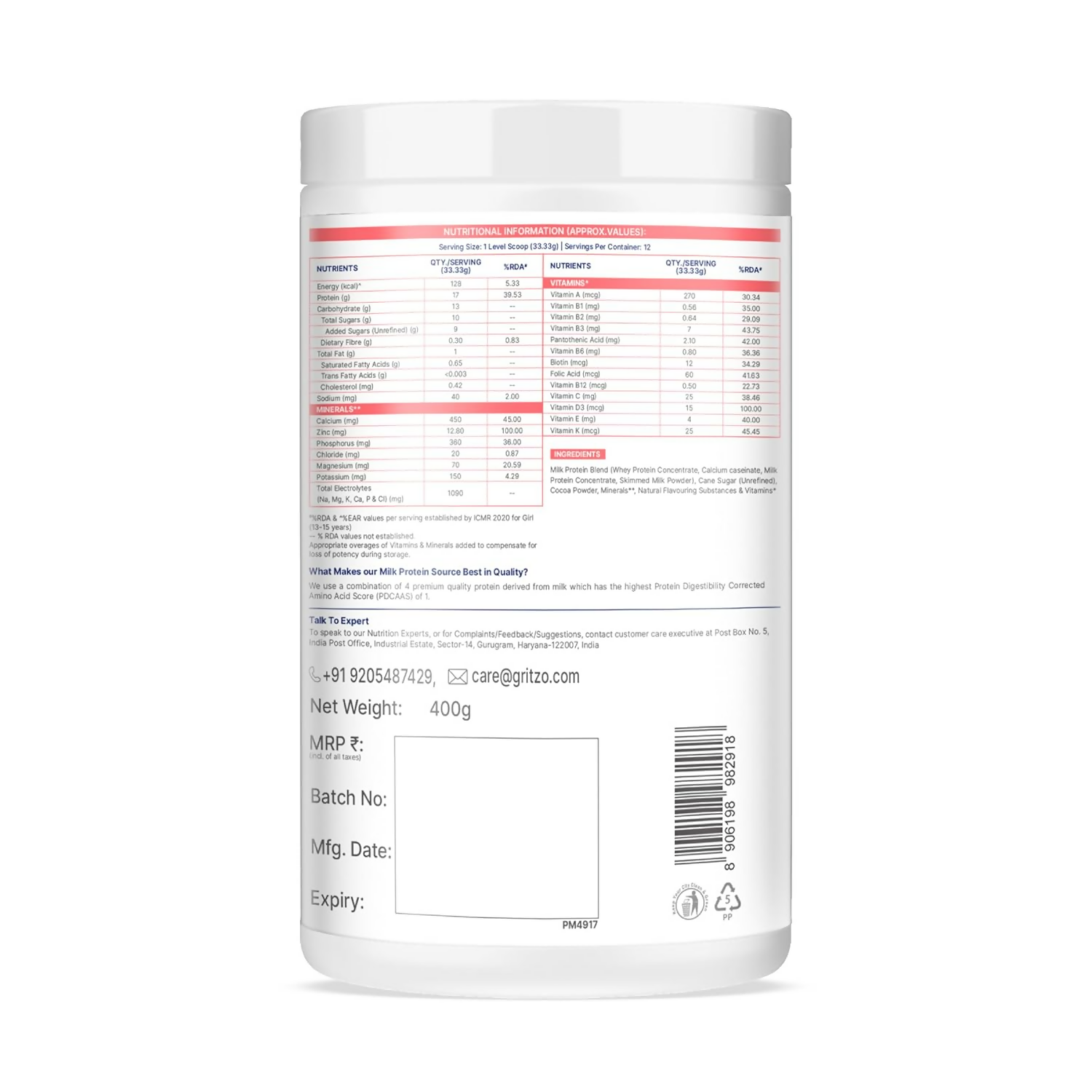 Gritzo SuperMilk Athlete (13+y Boy & Girl),17g Protein Powder - Double Chocolate