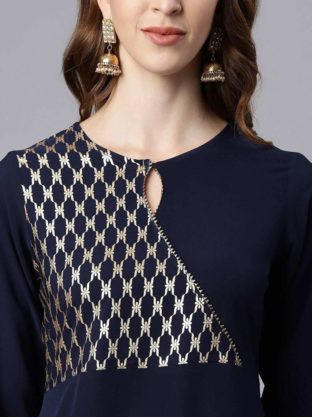 Janasya Women Navy Blue & Gold-Toned Printed Yoke Design Keyhole Neck Crepe Anarkali Kurta