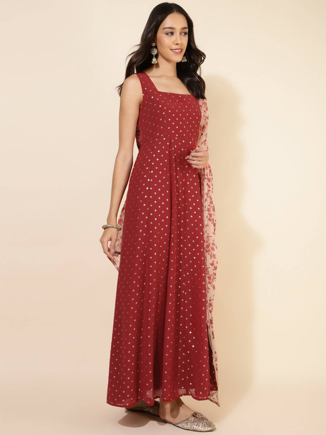 Janasya Women's Red Georgette Foil Printed Festive Anarkali Kurta Set 