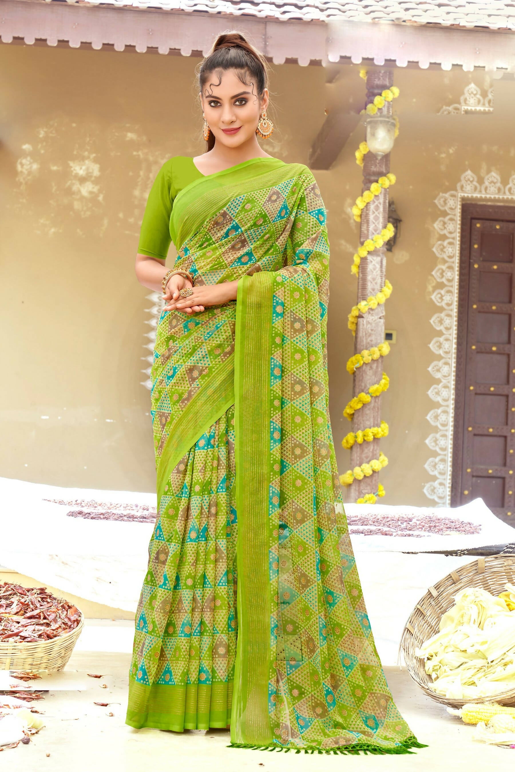 Green Chiffon Printed Ivory Print and Zari work Saree with Unstitched Blouse Piece - Shanaya