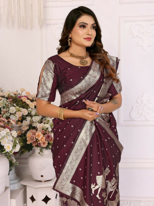 Anaita Dark Brown kochi Silk With Bandhej Weaving Saree With Blouse