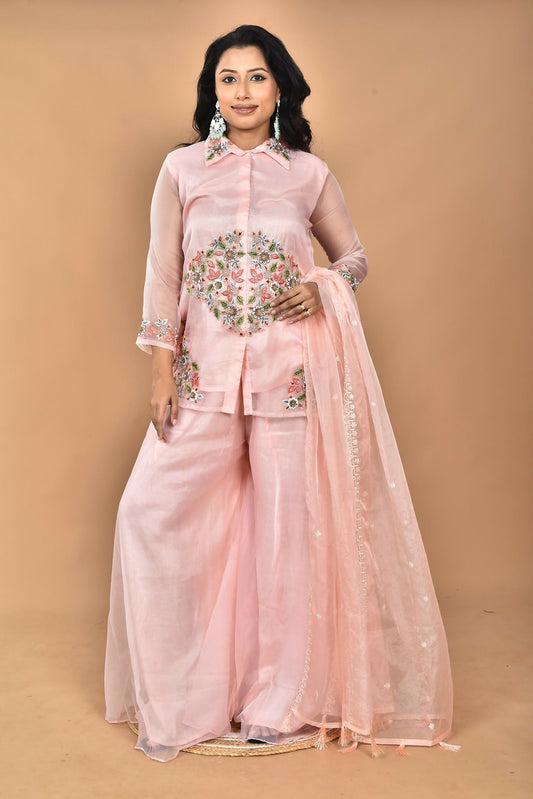 Morchari Women And Hand Embroidery Palazzo Set-Peach 