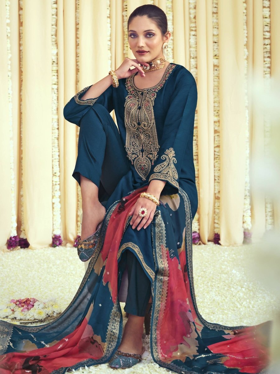 Aastha Fashion Women's Navy Blue Raw Silk Cording with Resham Thread work Kurta with Trouser & Dupatta - Grab2buy
