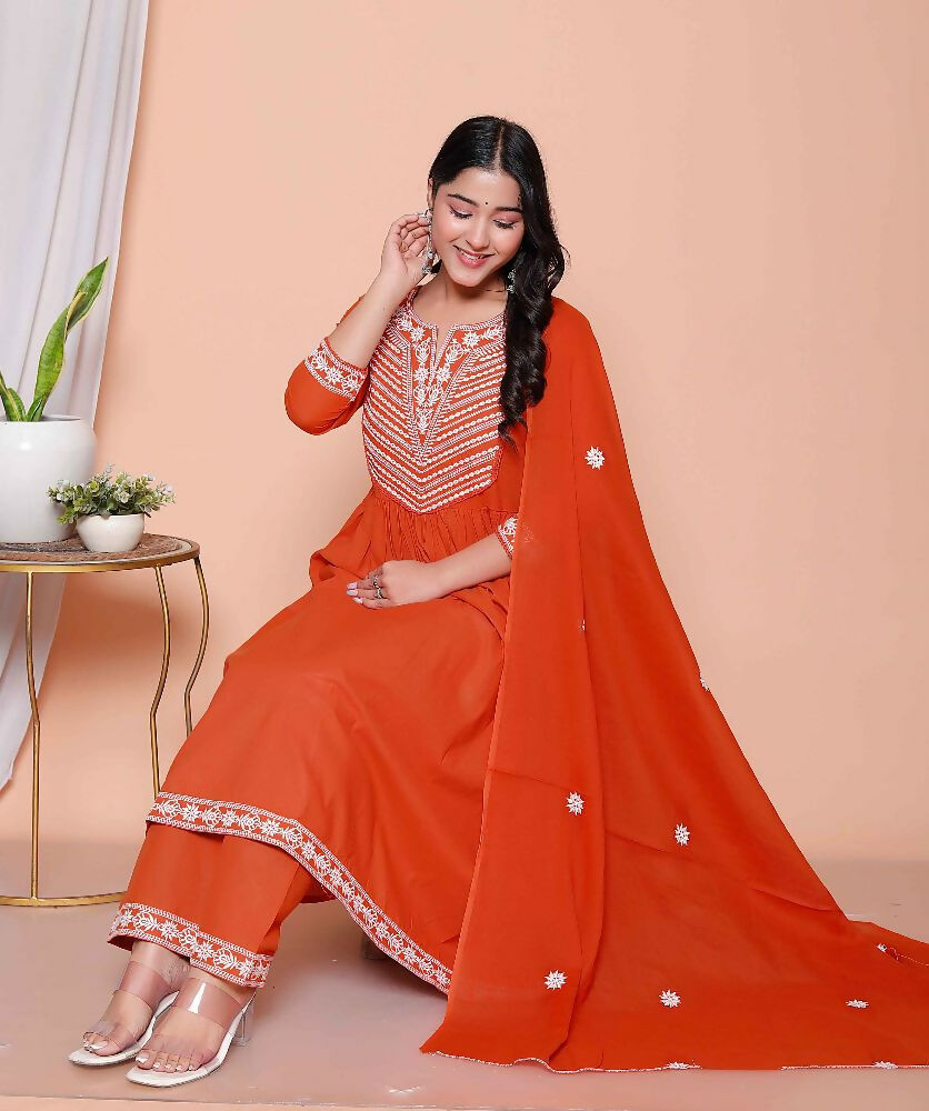 Miravan Womens Floral Embroidered Rust Straight Cotton Kurta & Palazzo With Dupatta Set
