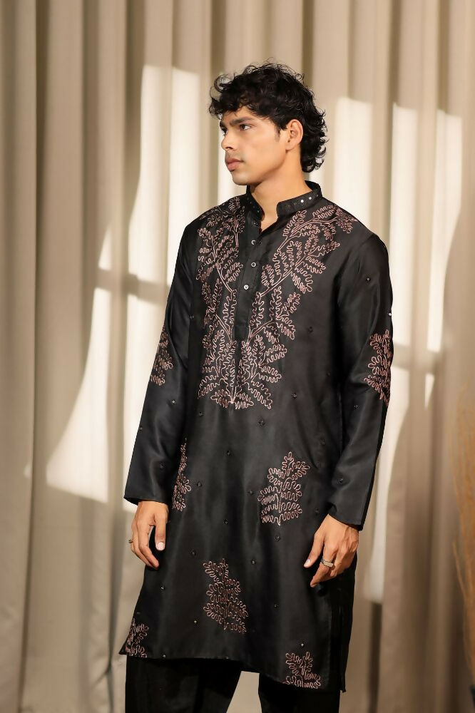 Black Greek Satin Designer Embroidery Work Kurta Set - Mahotsav
