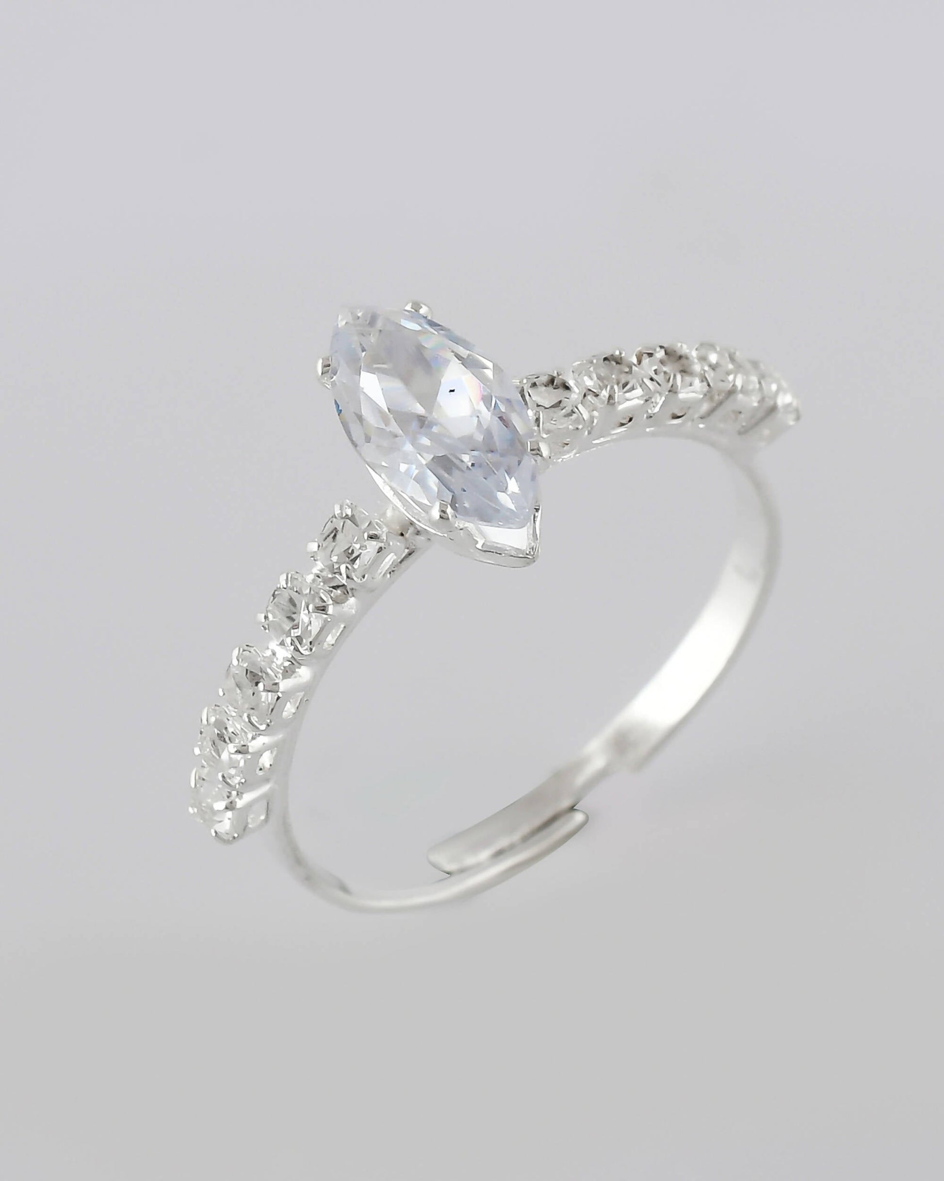 VOJ white CZ-detail Stainless Steel Cubic Zirconia Silver Plated Adjustable Finger Ring 