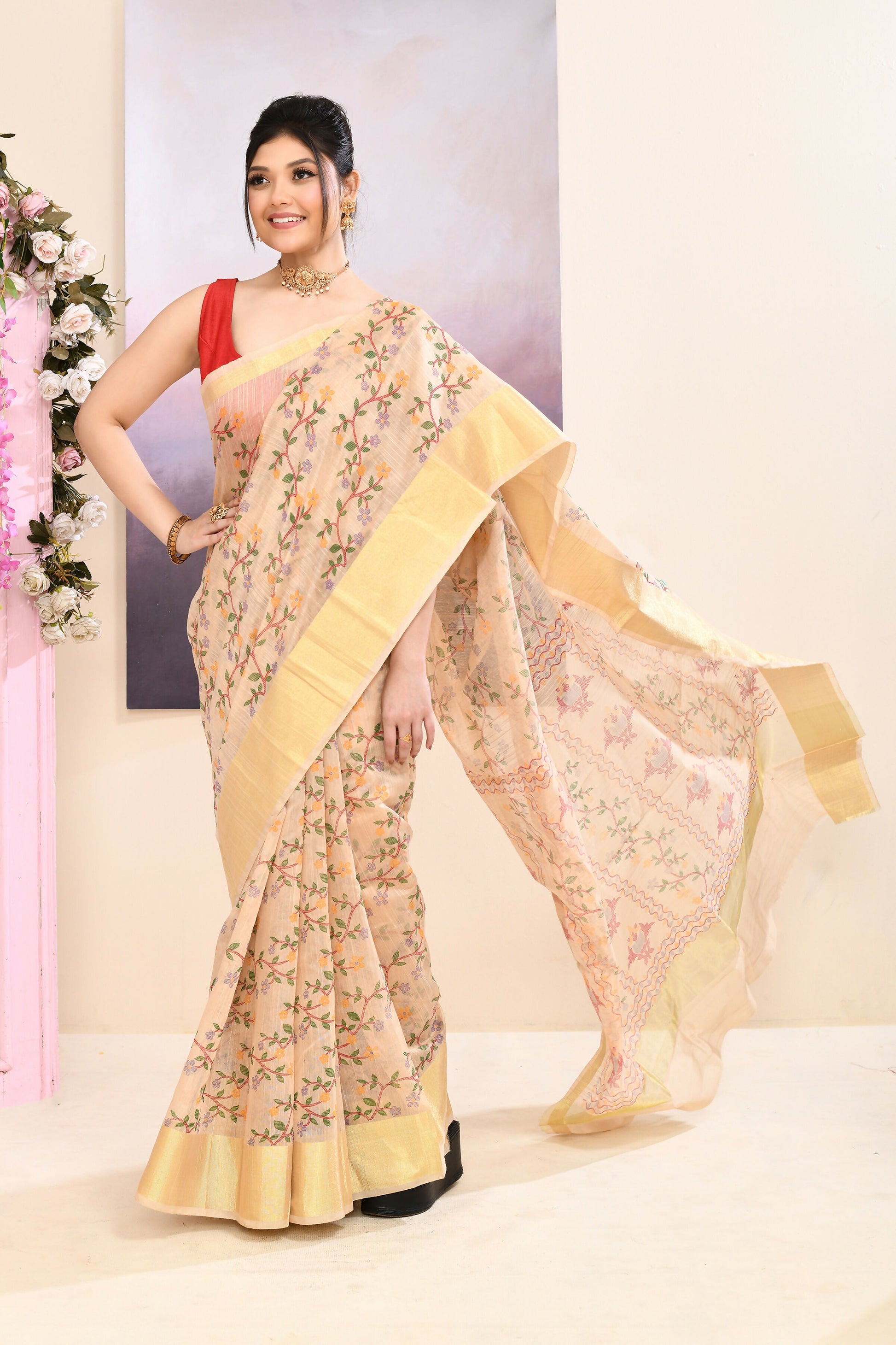 Piyari Fashion Women's Beige Embellished Cotton Blend Printed Saree