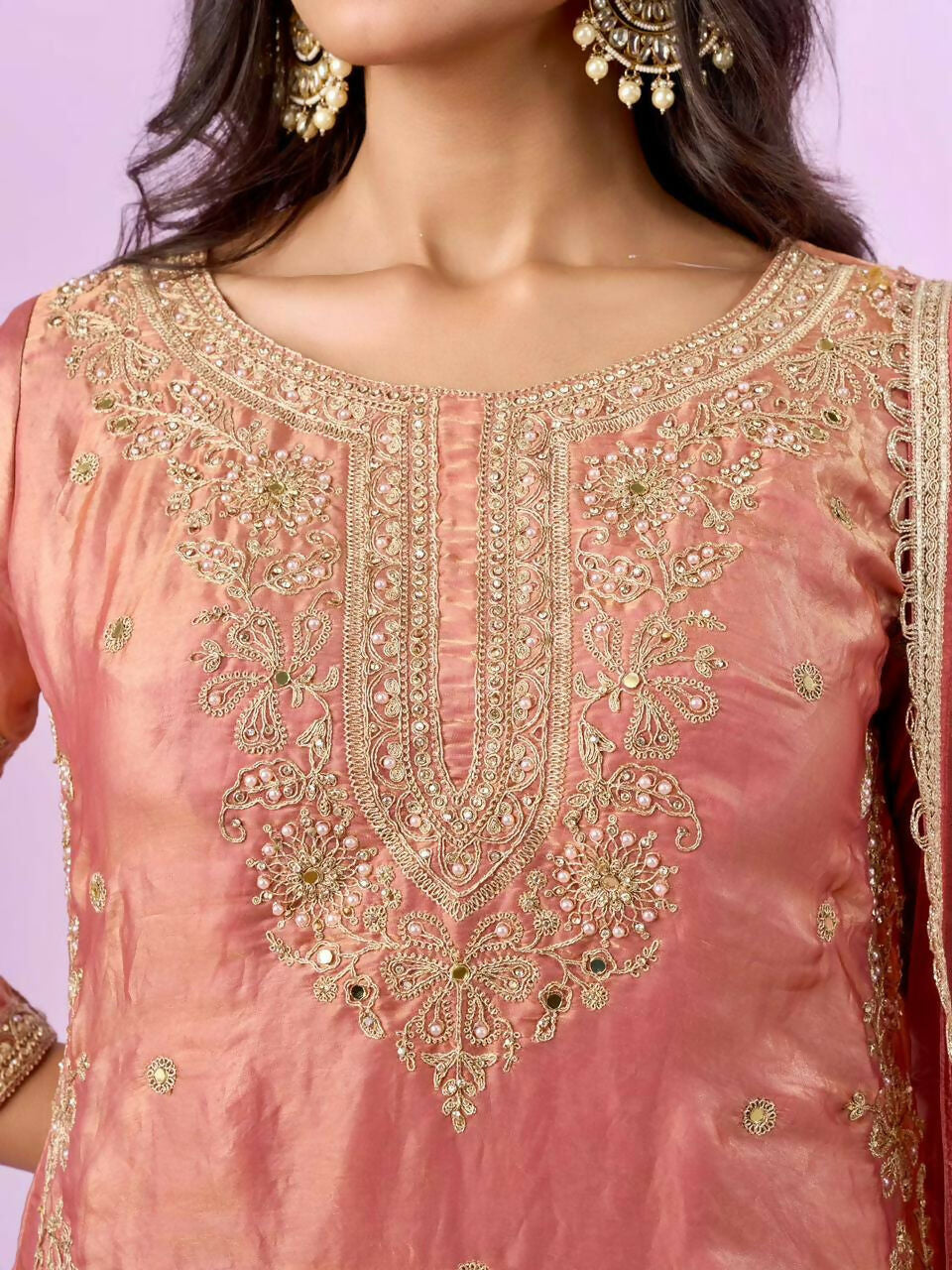 Teeya Creation New latest Trending Embroidery Siqunce And Daimond Hand Work Kurta Palazzo Set - Peach