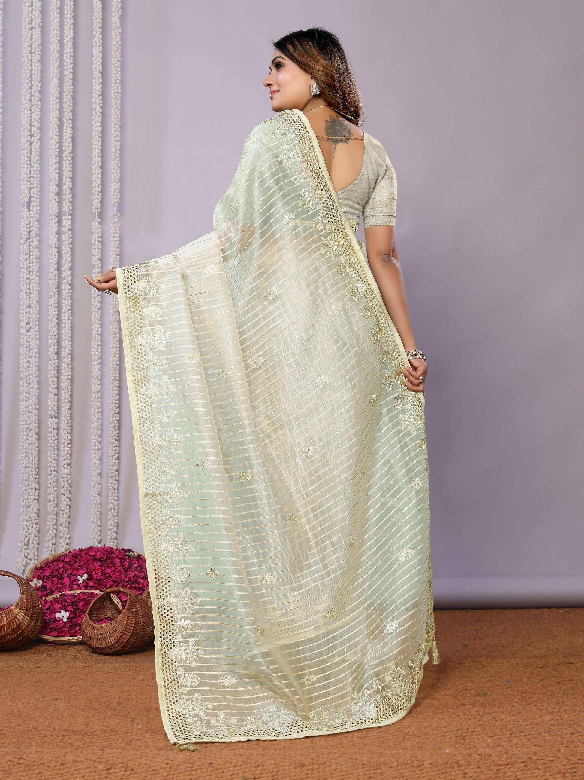 Green Silk Embroidered Saree With Stitched Blouse - Nimaya Kaksha