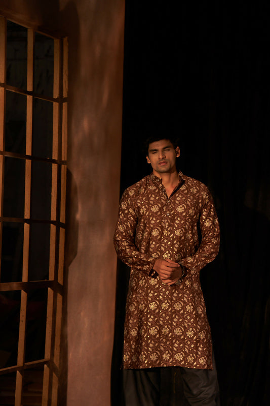 Brown Modal Silk Designer Printed Men's Kurta Set - Mahotsav