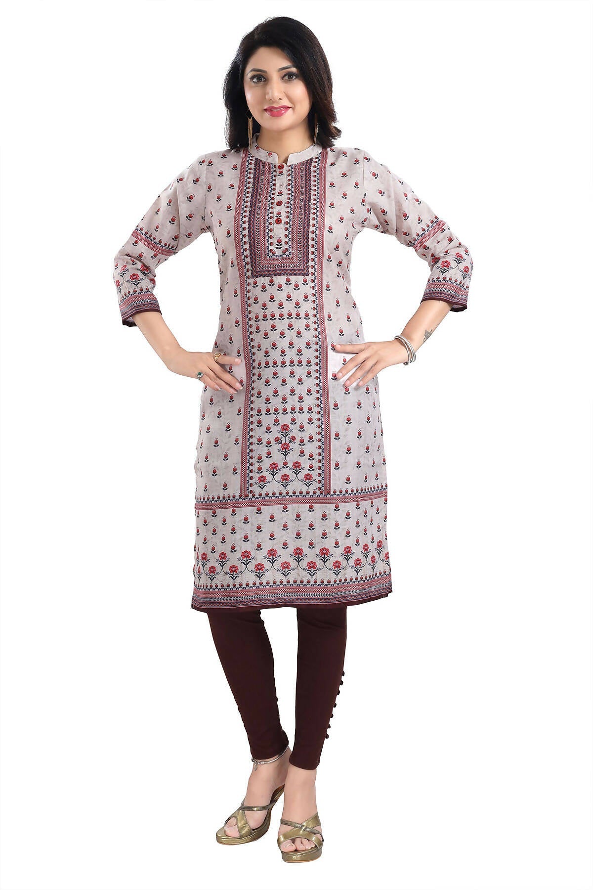 Snehal Creations Charming Cream Digital Print Cotton Slub Long Kurti Tunic