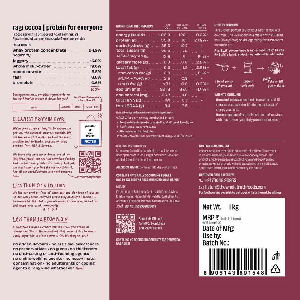 The Whole Truth 15g Protein/Scoop - Ragi Cocoa  Grab2Buy The Whole Truth Grab2Buy
