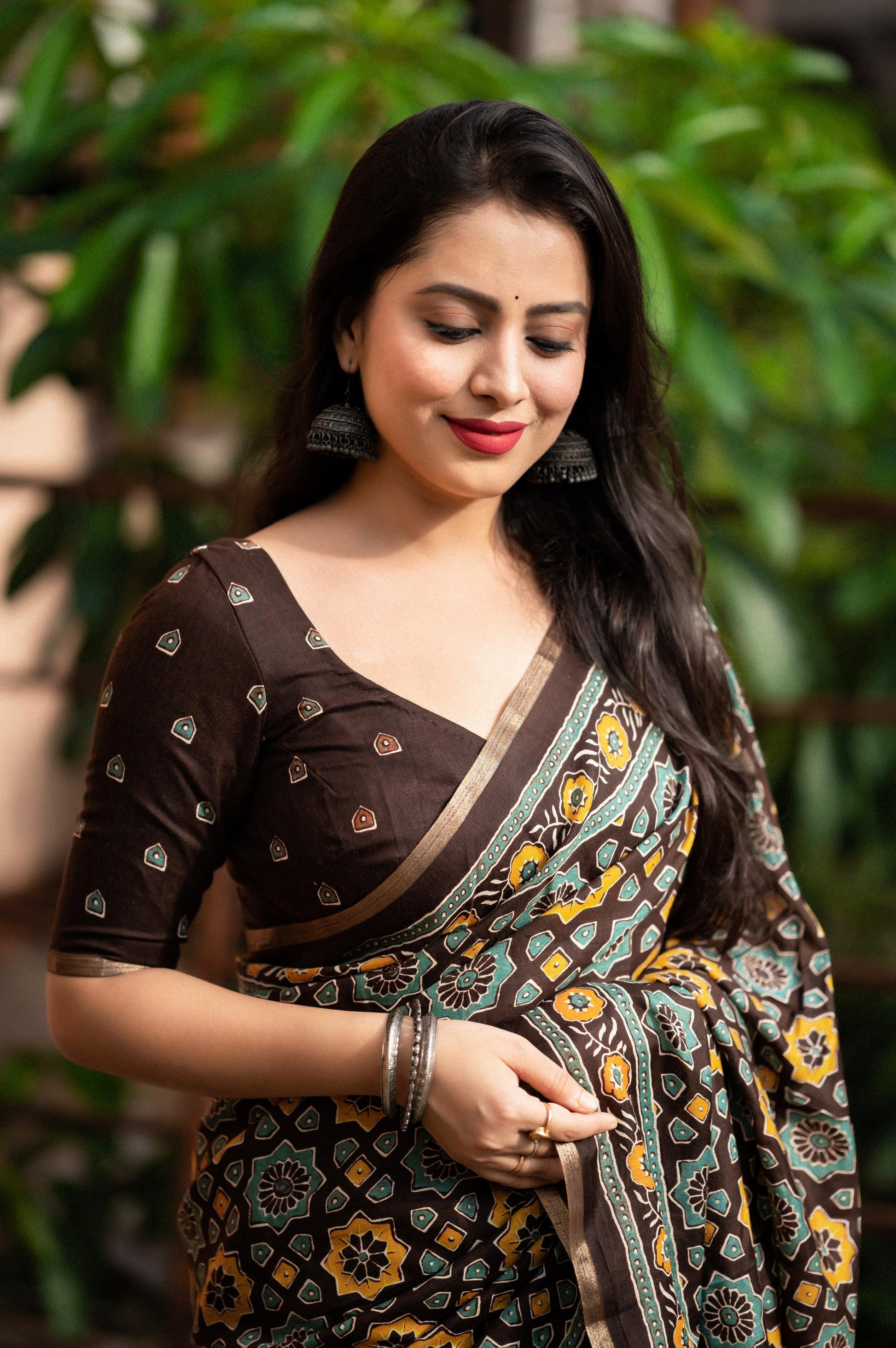 Coffee Cotton Blend Ajrak Saree with Unstitched Blouse - A2M
