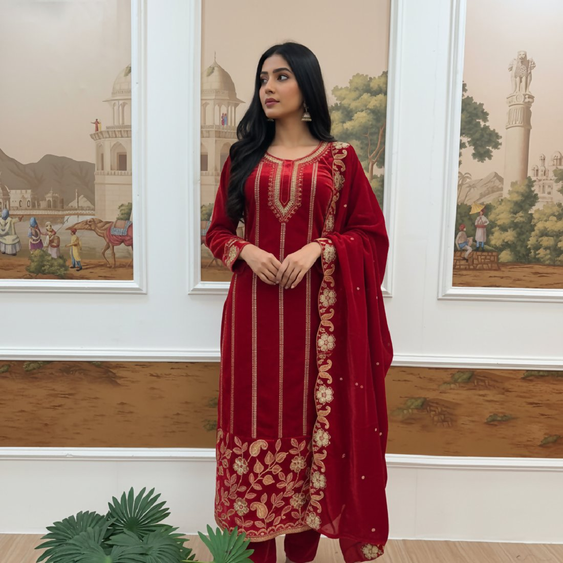 Joban Fashion Red Velvet Embroidery Sequence Work Readymade Kurta Set