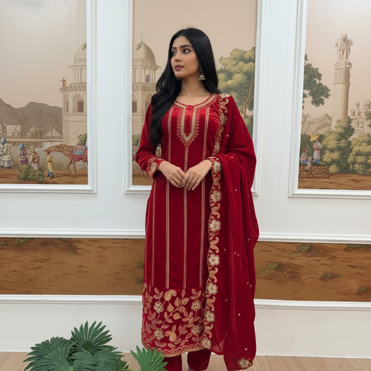 Joban Fashion Red Velvet Embroidery Sequence Work Readymade Kurta Set
