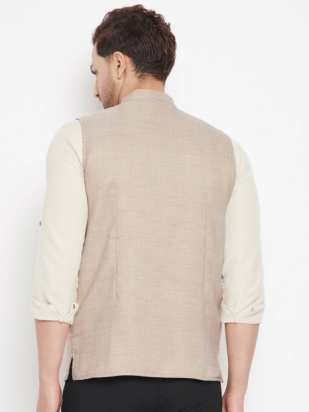 Even Apparels Cream Linen Men's Nehru Jacket-Contrast Lining-Inbuilt Pocket Square 