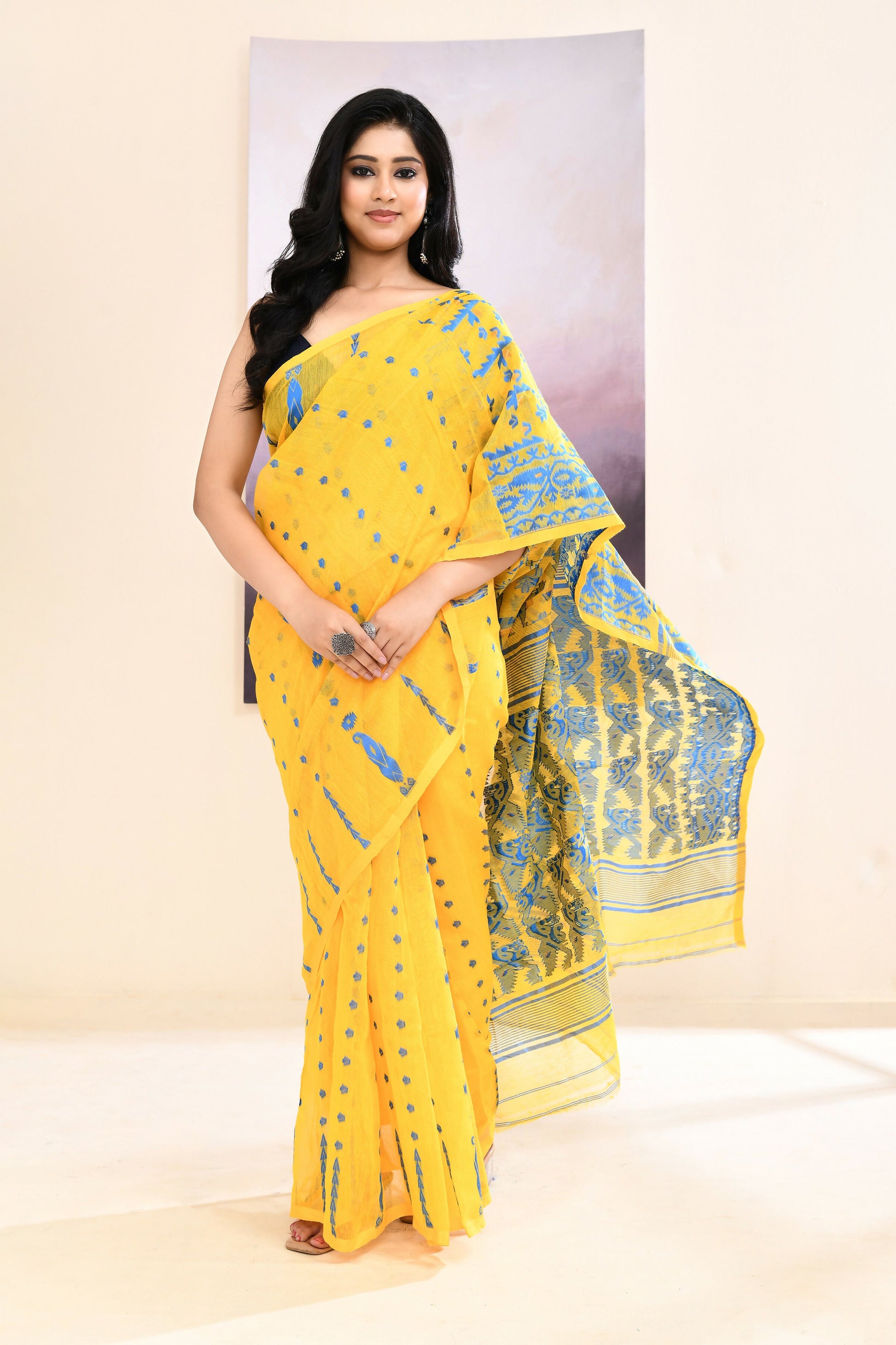 Piyari Fashion Women's Yellow Embellished Cotton Blend Jamdani Saree